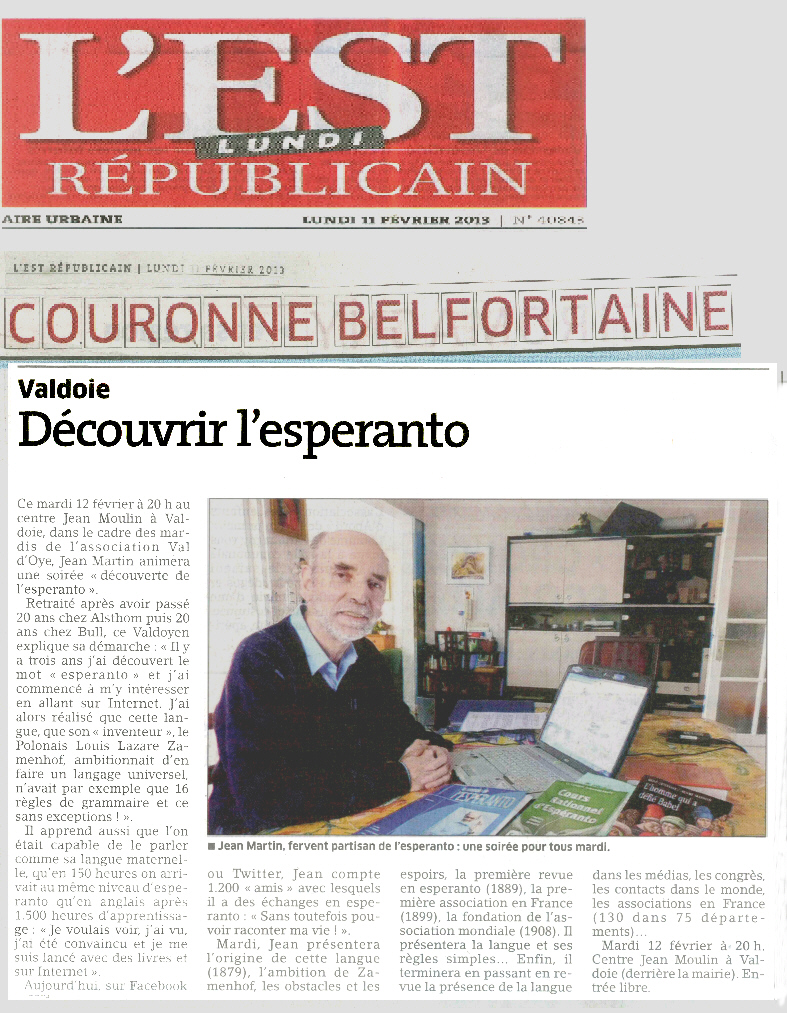 Découvrir l'espéranto le 12 février 2013